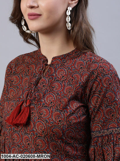 Maroon Ethnic Motifs Tie-Up Neck Empire Midi Dress