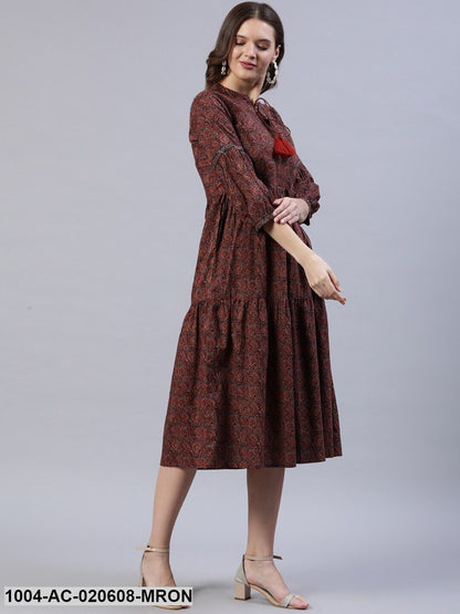 Maroon Ethnic Motifs Tie-Up Neck Empire Midi Dress