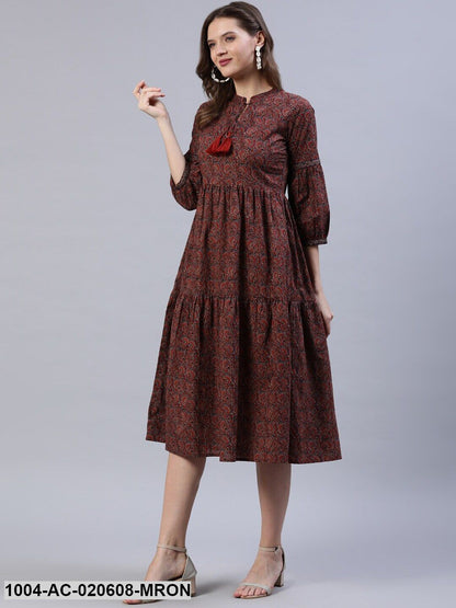 Maroon Ethnic Motifs Tie-Up Neck Empire Midi Dress