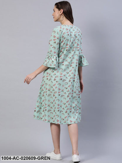 Green Floral A-Line Midi Dress