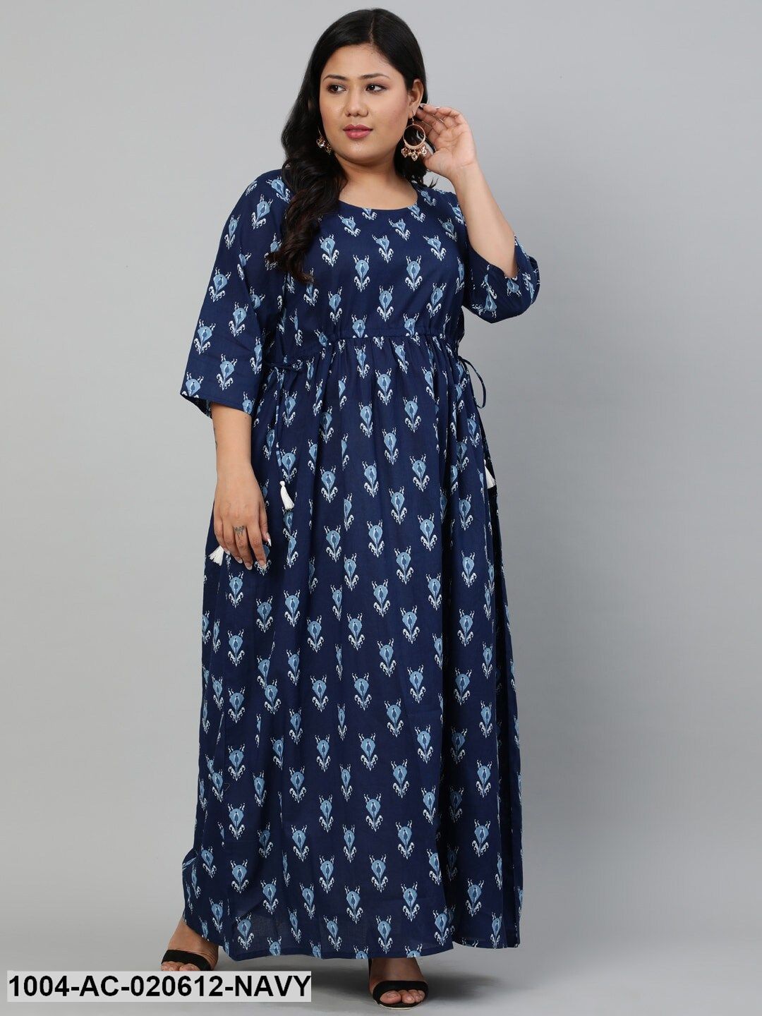 Plus Size Navy Blue & White Ethnic Motifs Ethnic Maxi Dress