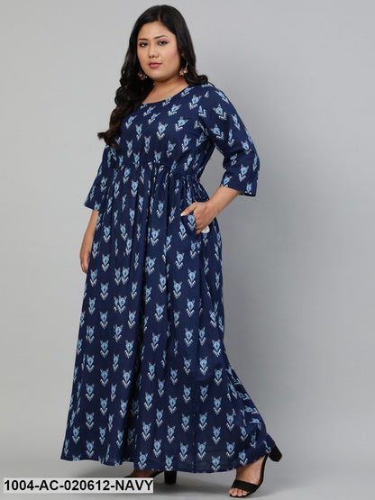 Plus Size Navy Blue & White Ethnic Motifs Ethnic Maxi Dress