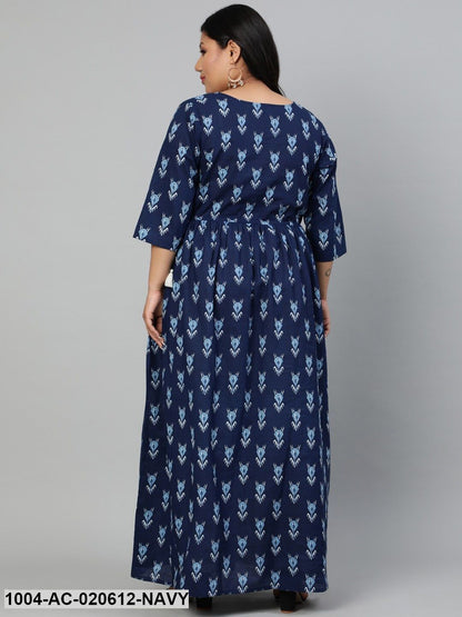 Plus Size Navy Blue & White Ethnic Motifs Ethnic Maxi Dress