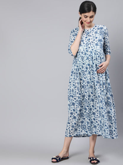Women Off White & Blue Floral Printed Maternity Dress
