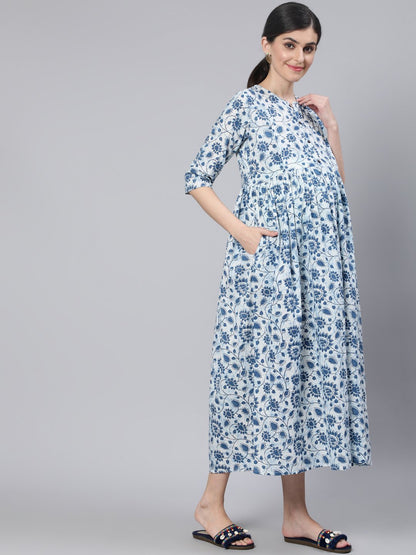 Women Off White & Blue Floral Printed Maternity Dress