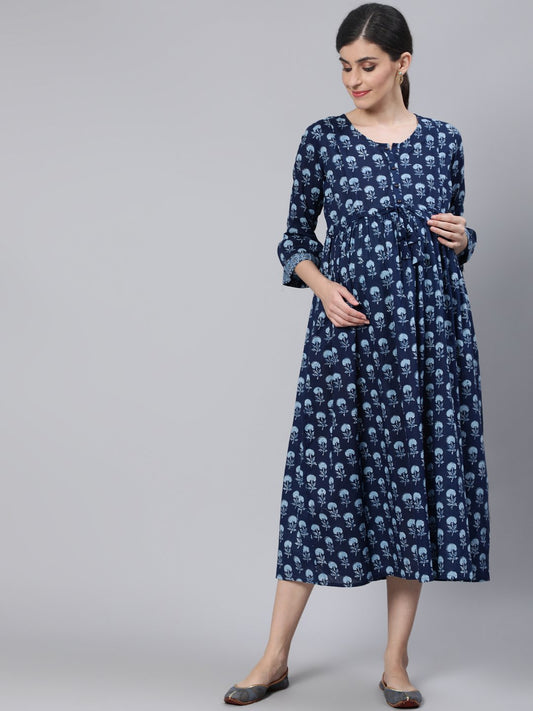 Women Blue Floral Printed Maternity Dress