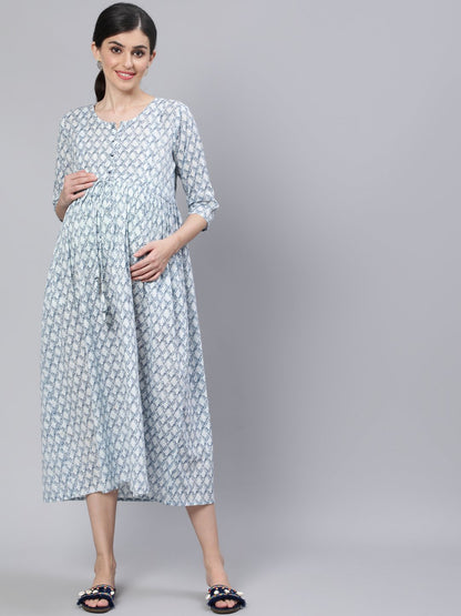 Women Off White & Blue Floral Printed Maternity Dress With Three Quarter Sleeves