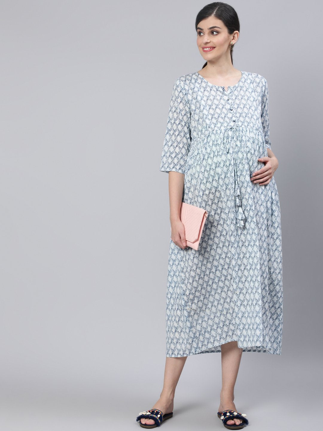 Women Off White & Blue Floral Printed Maternity Dress With Three Quarter Sleeves