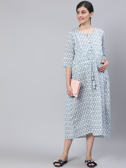Women Off White & Blue Floral Printed Maternity Dress With Three Quarter Sleeves