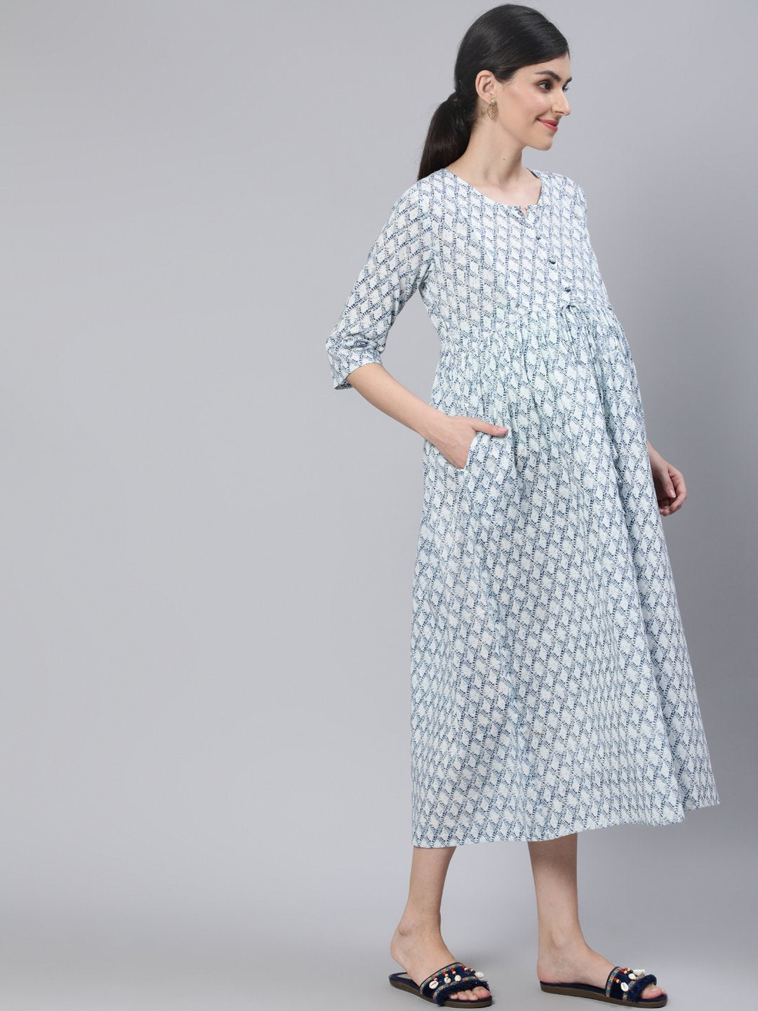 Women Off White & Blue Floral Printed Maternity Dress With Three Quarter Sleeves