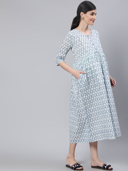Women Off White & Blue Floral Printed Maternity Dress With Three Quarter Sleeves