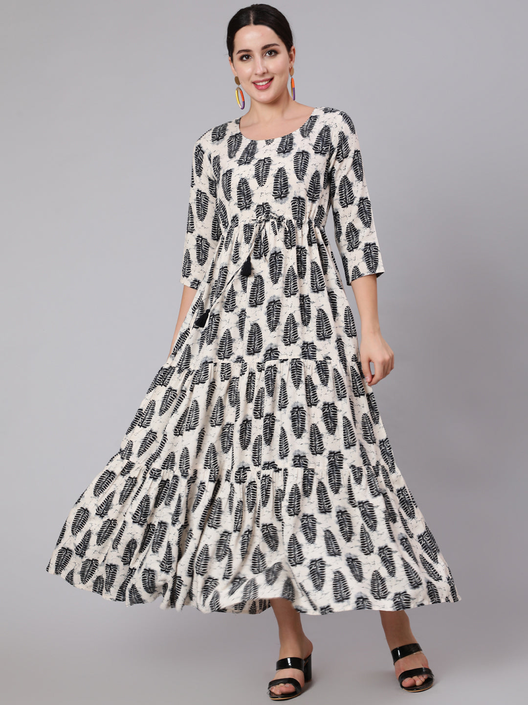 Off-White Abstrac Printed Round Neck Dress With Three Quarter Sleeves