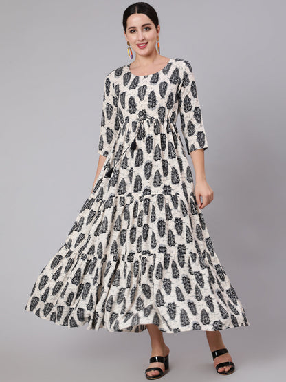 Off-White Abstrac Printed Round Neck Dress With Three Quarter Sleeves