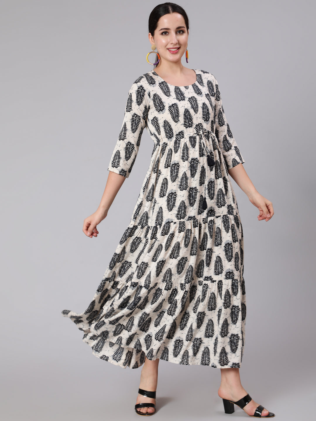 Off-White Abstrac Printed Round Neck Dress With Three Quarter Sleeves