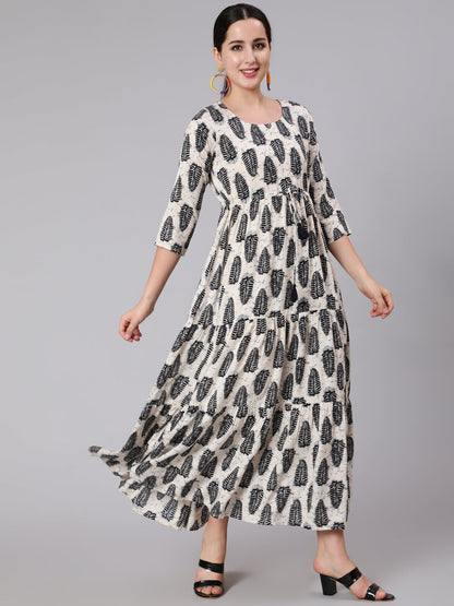 Off-White Abstrac Printed Round Neck Dress With Three Quarter Sleeves