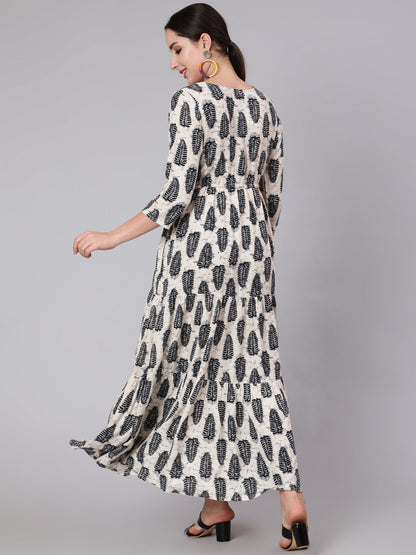 Off-White Abstrac Printed Round Neck Dress With Three Quarter Sleeves