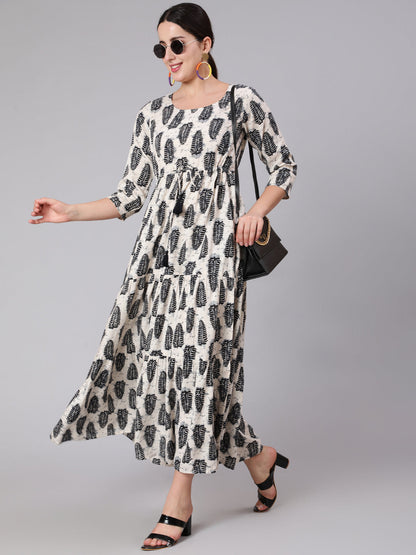 Off-White Abstrac Printed Round Neck Dress With Three Quarter Sleeves