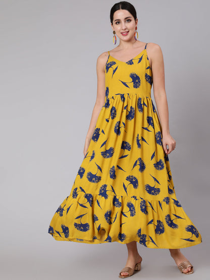 Yellow Floral Printed Shoulder Strap Flared Dress