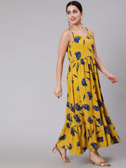 Yellow Floral Printed Shoulder Strap Flared Dress