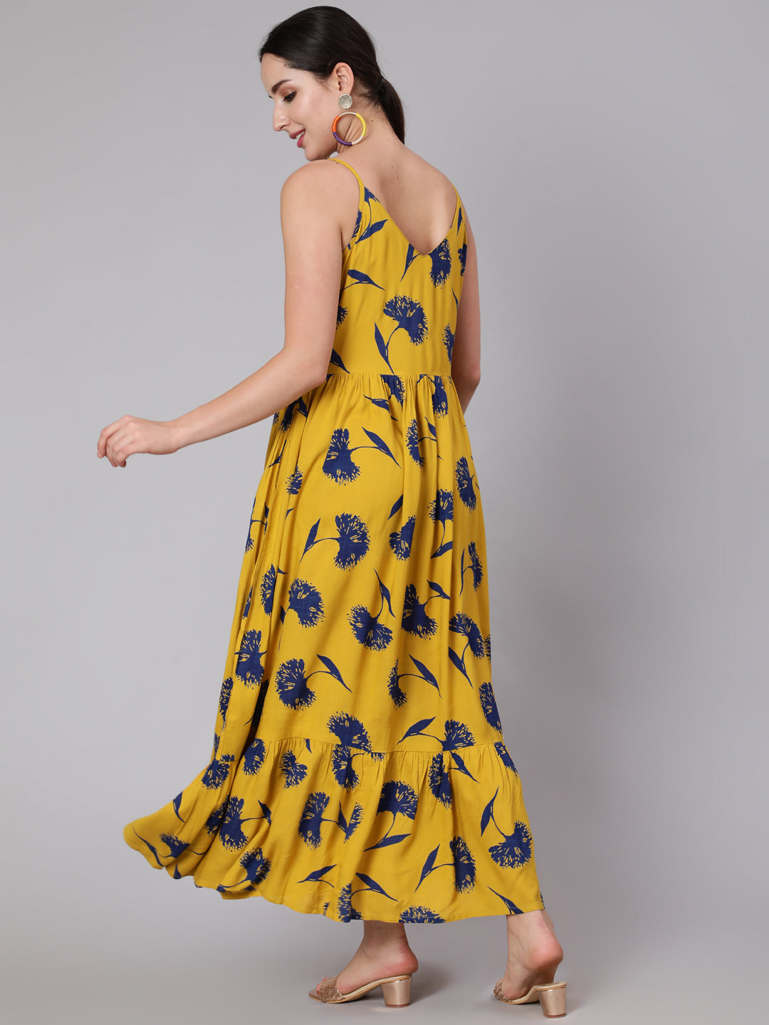 Yellow Floral Printed Shoulder Strap Flared Dress