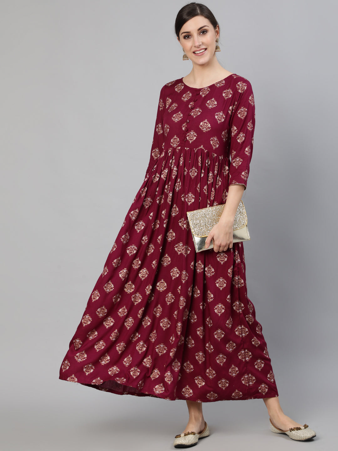 Burgundy Ethnic Printed Dress With Three Quarter Sleeves