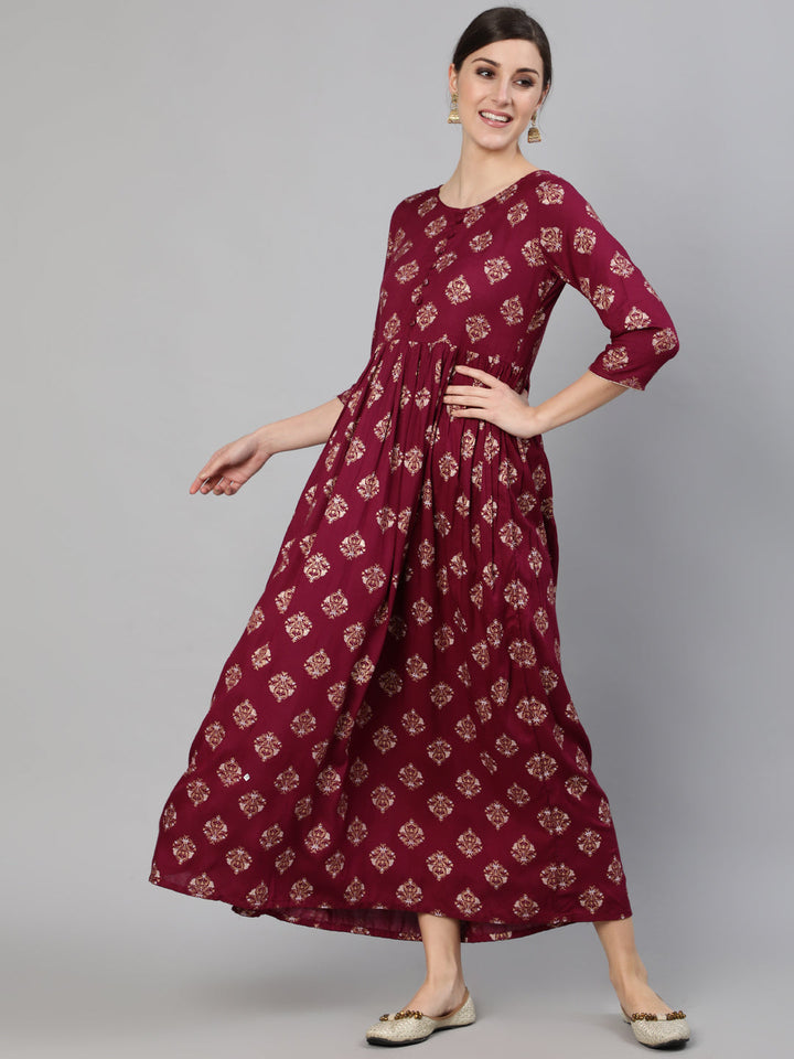 Burgundy Ethnic Printed Dress With Three Quarter Sleeves