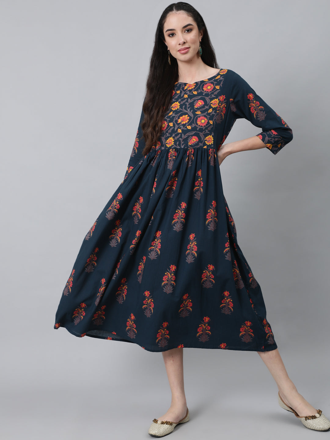 Dark Blue Printed Flared Dress With Three Quarter Sleeves