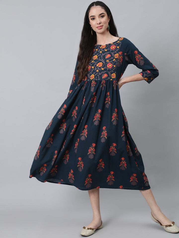 Dark Blue Printed Flared Dress With Three Quarter Sleeves