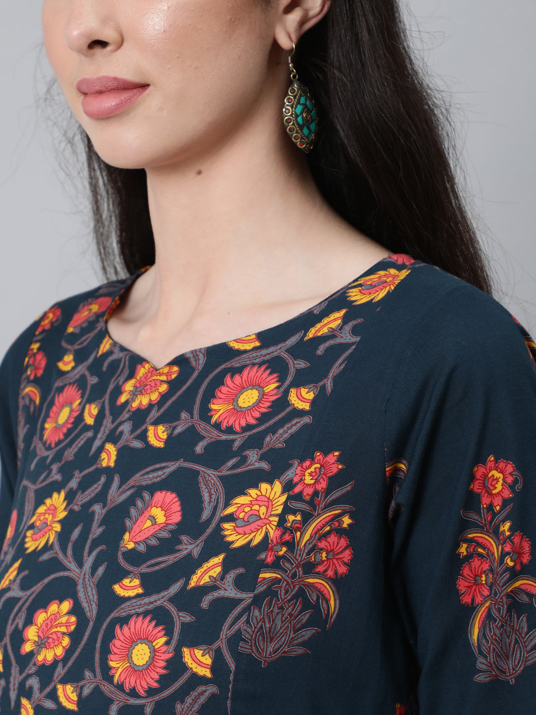 Dark Blue Printed Flared Dress With Three Quarter Sleeves