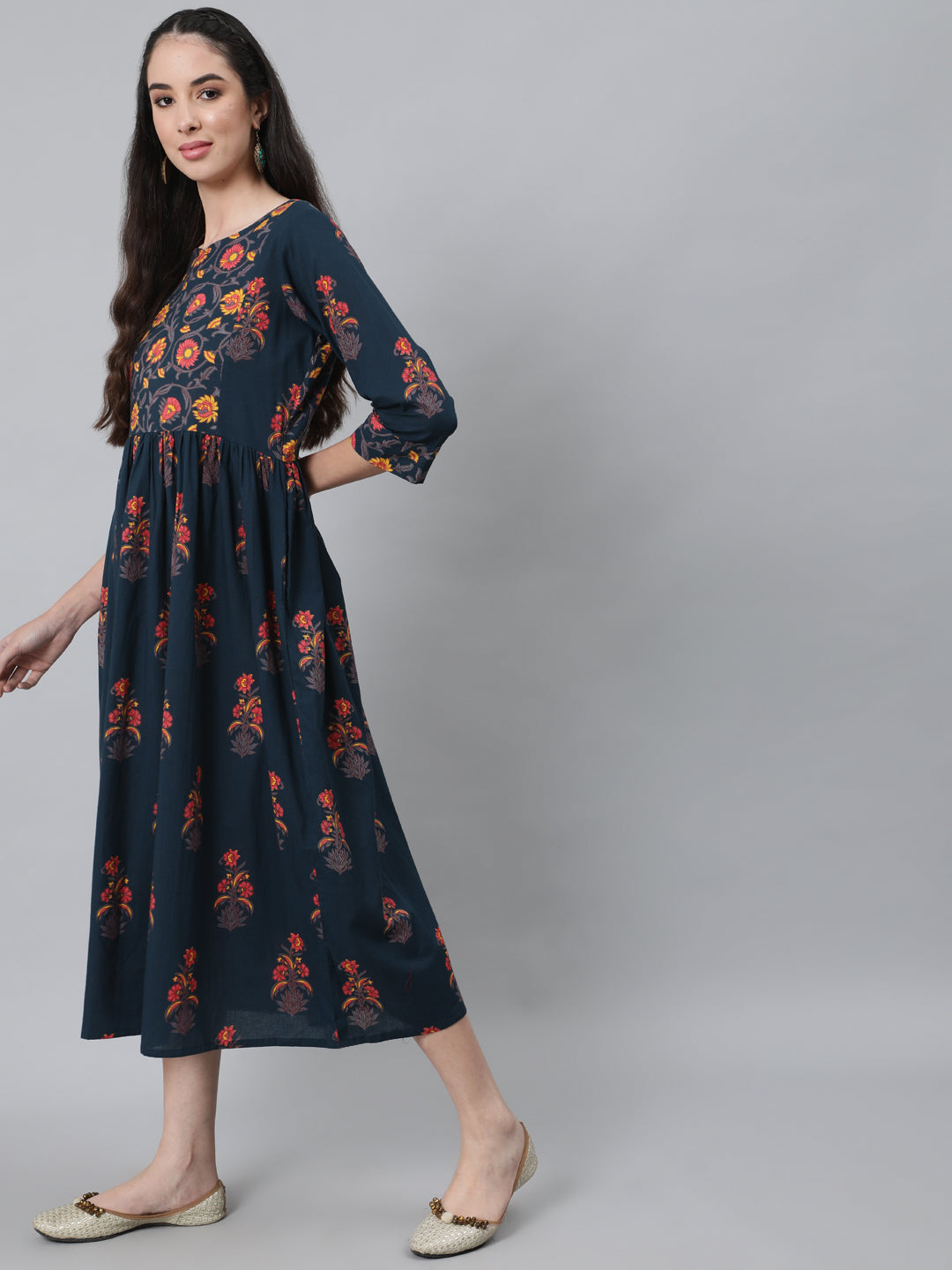 Dark Blue Printed Flared Dress With Three Quarter Sleeves