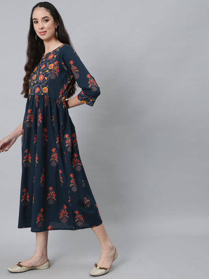 Dark Blue Printed Flared Dress With Three Quarter Sleeves