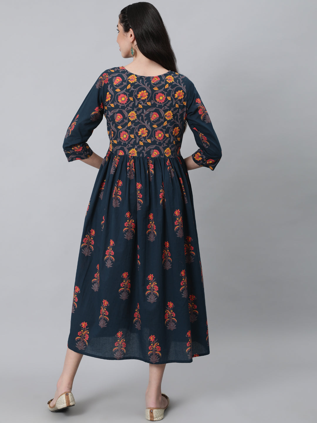 Dark Blue Printed Flared Dress With Three Quarter Sleeves