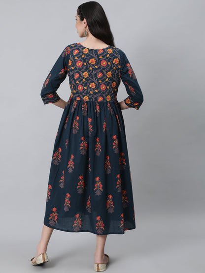 Dark Blue Printed Flared Dress With Three Quarter Sleeves