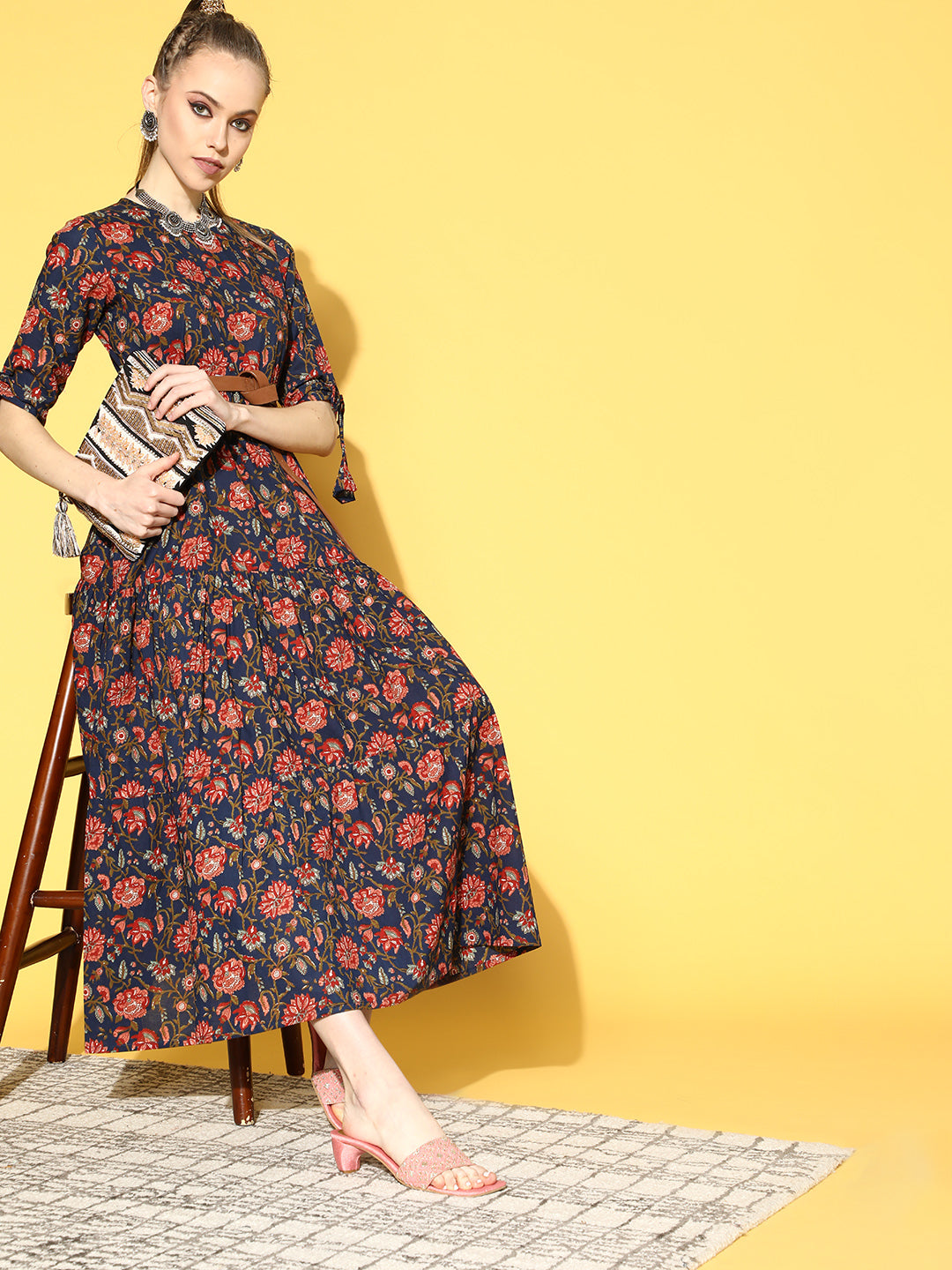 Blue Printed Tiered Dress With Tie Up Sleeves