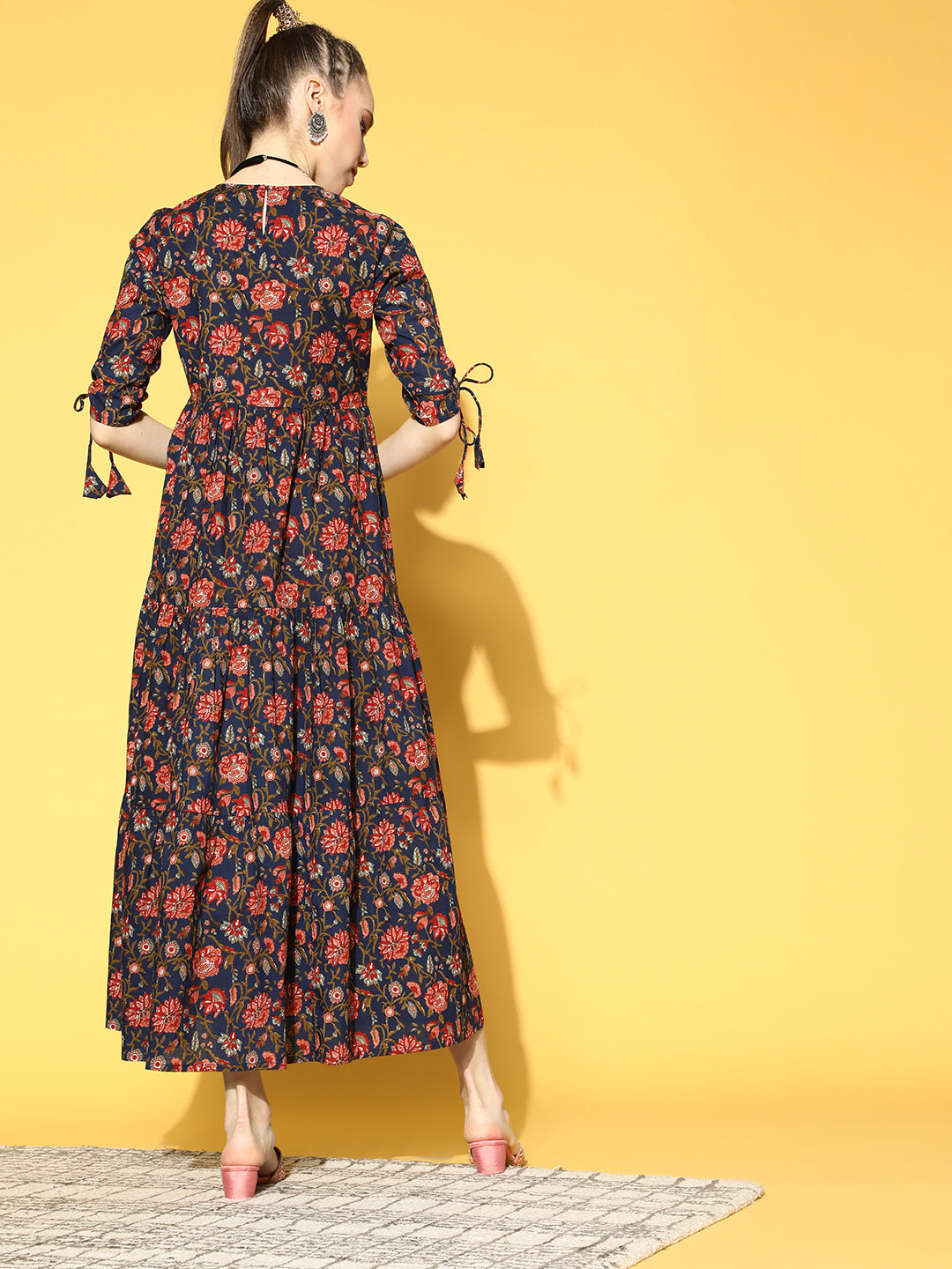 Blue Printed Tiered Dress With Tie Up Sleeves