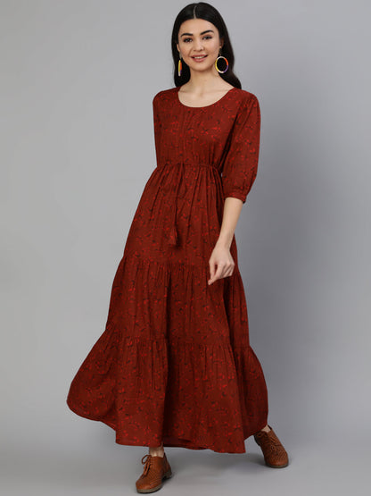 Maroon Printed Tiered Dress With Three Quarter Sleeves