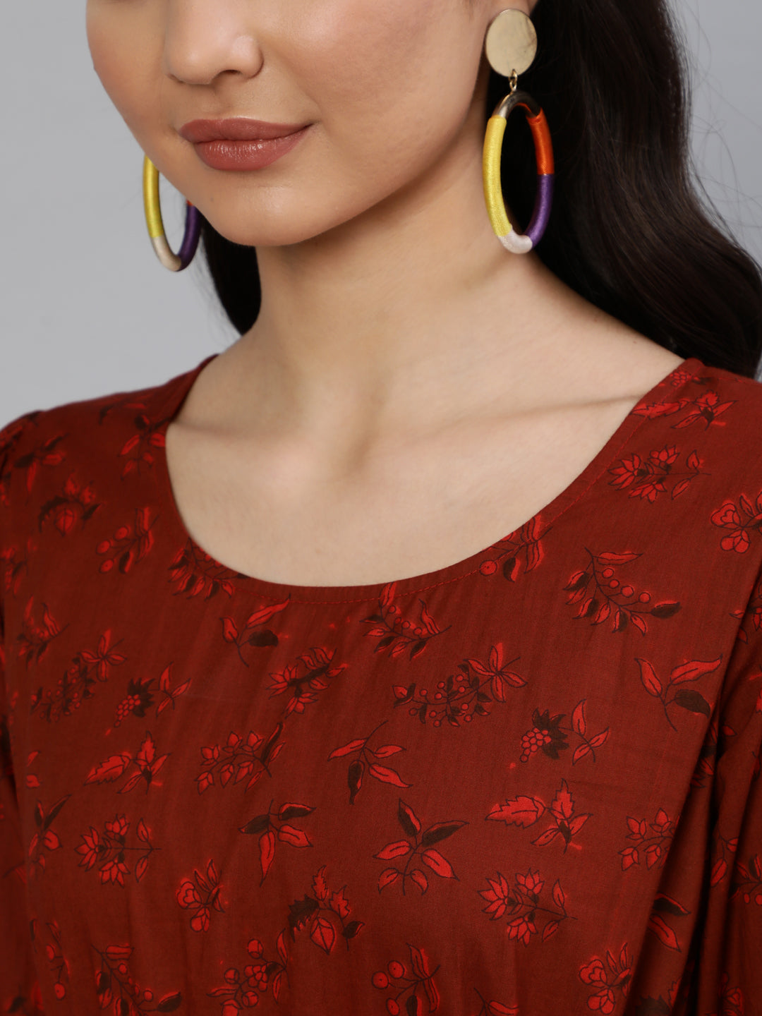 Maroon Printed Tiered Dress With Three Quarter Sleeves