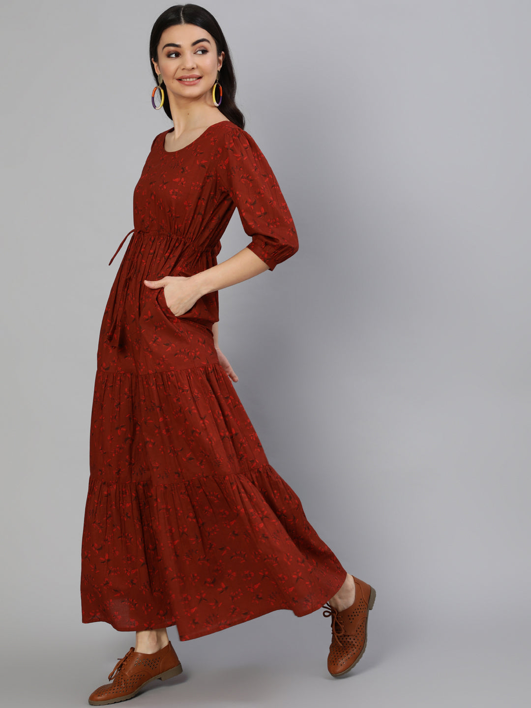 Maroon Printed Tiered Dress With Three Quarter Sleeves