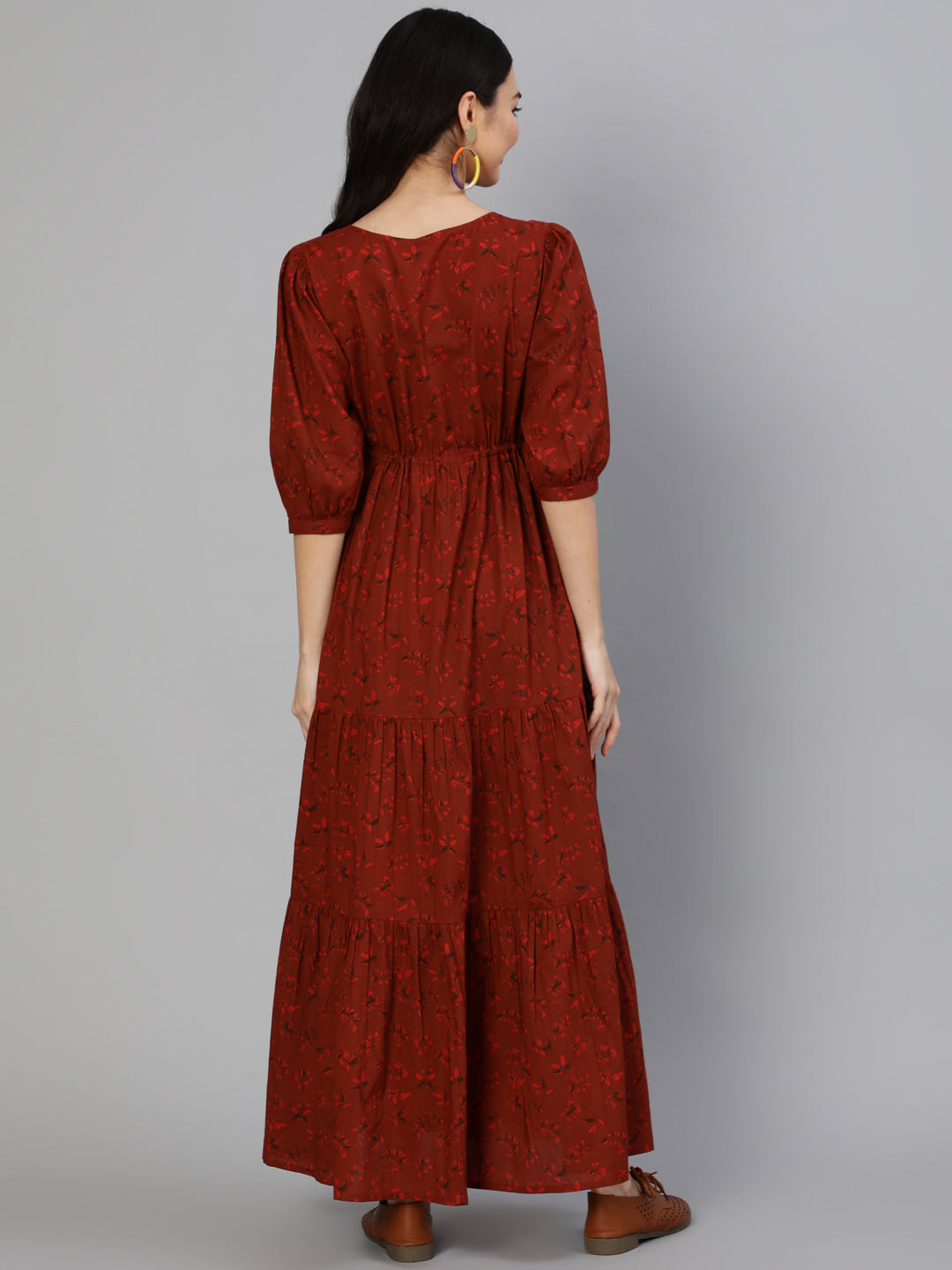 Maroon Printed Tiered Dress With Three Quarter Sleeves