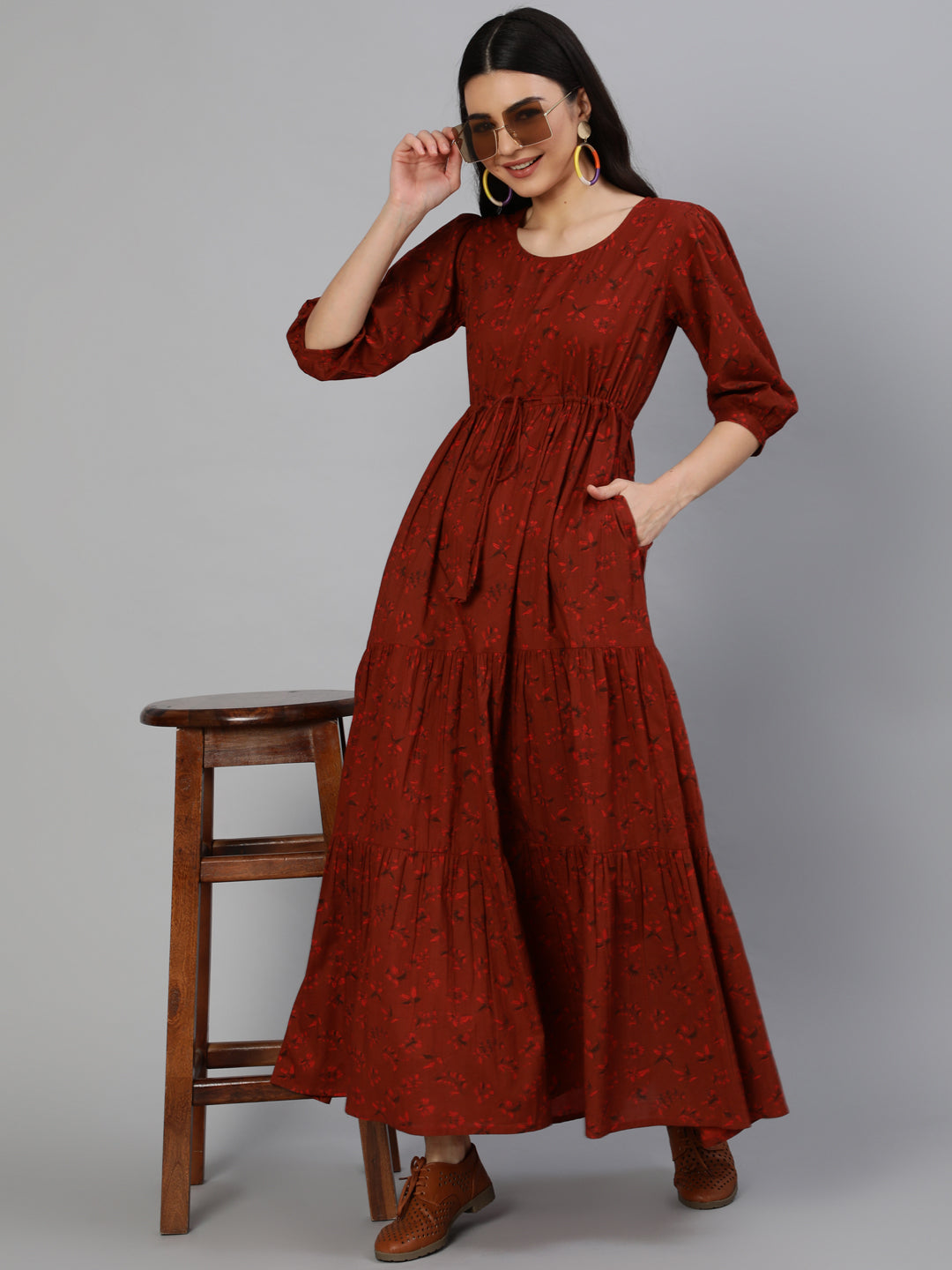 Maroon Printed Tiered Dress With Three Quarter Sleeves