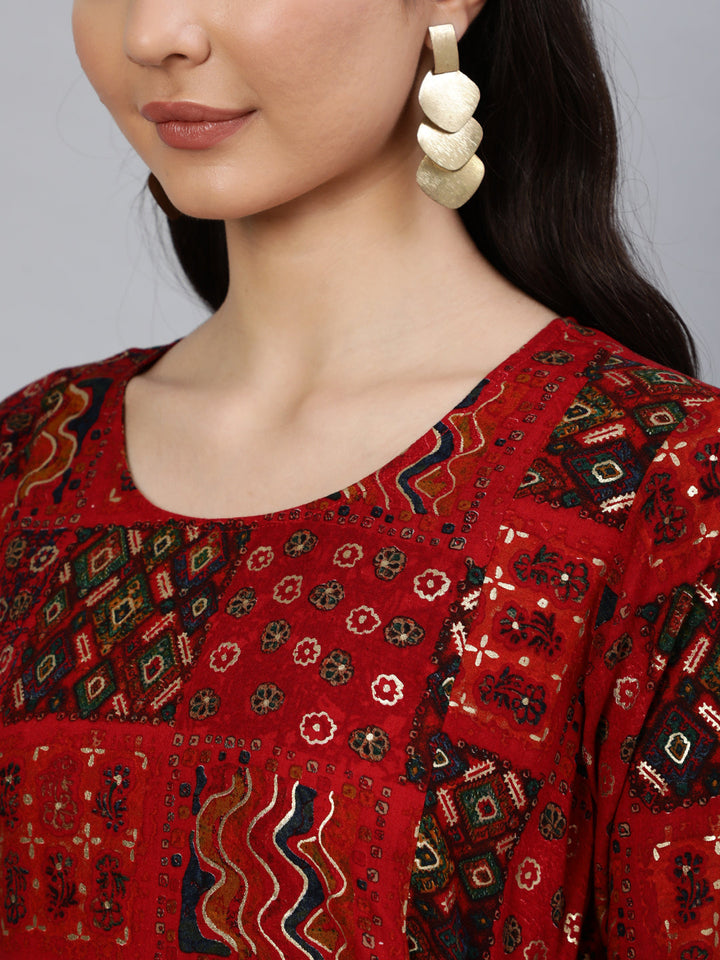 Red Printed Dress With Three Quarter Sleeves