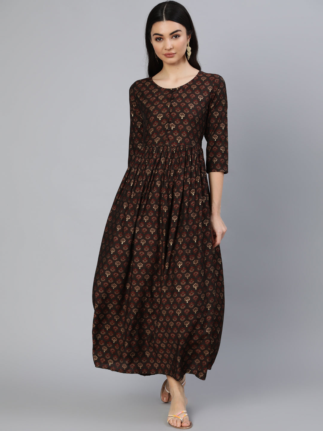 Womwn Taupe Ethnic Printed Maxi Dress With Three Quarter Sleeves