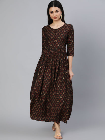 Womwn Taupe Ethnic Printed Maxi Dress With Three Quarter Sleeves