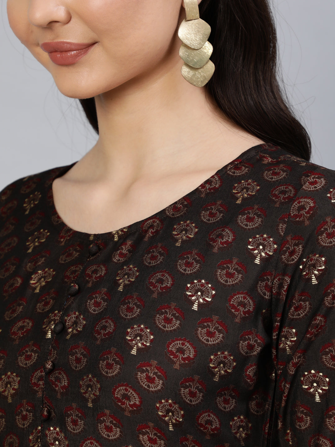 Womwn Taupe Ethnic Printed Maxi Dress With Three Quarter Sleeves
