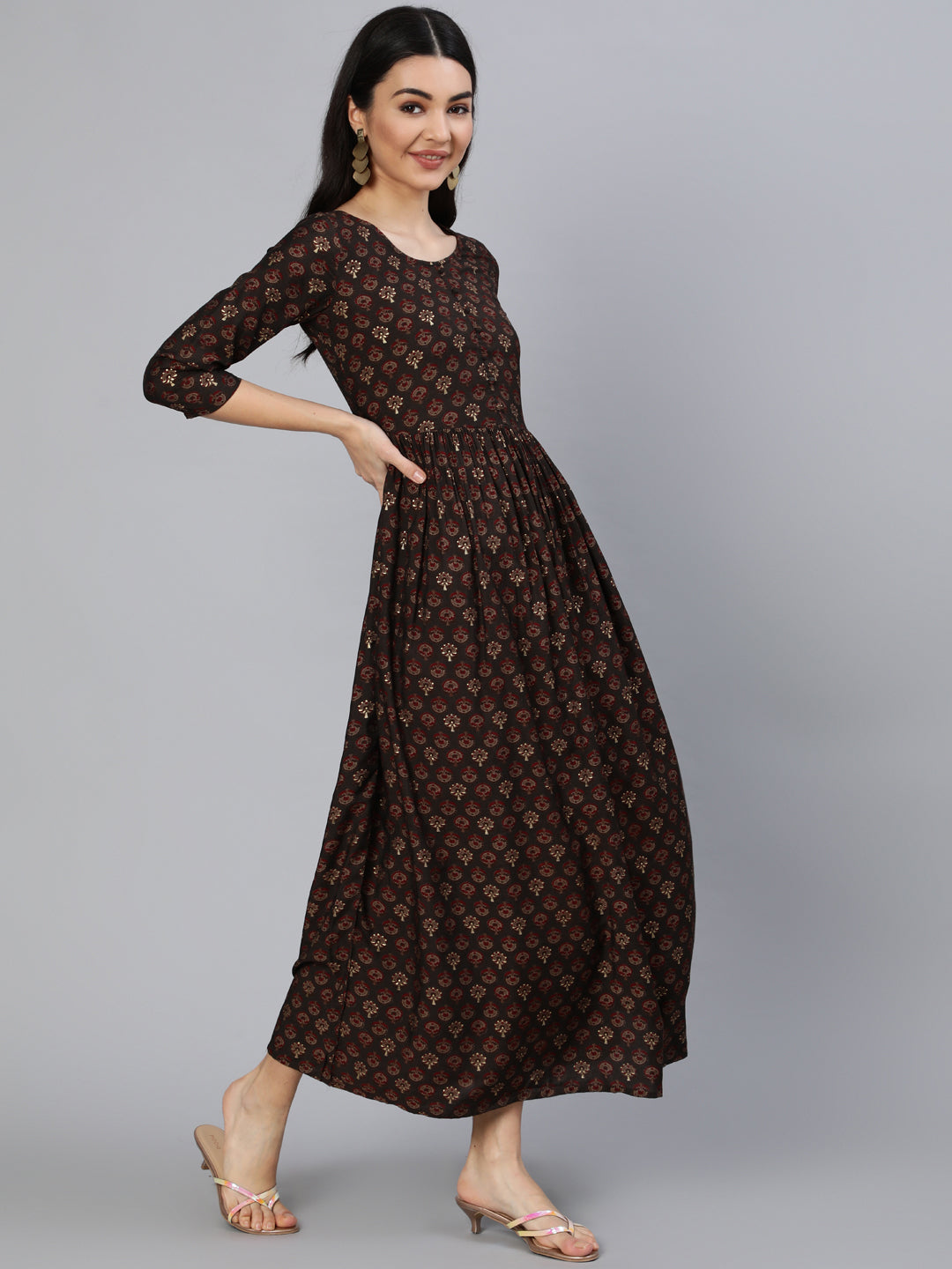 Womwn Taupe Ethnic Printed Maxi Dress With Three Quarter Sleeves