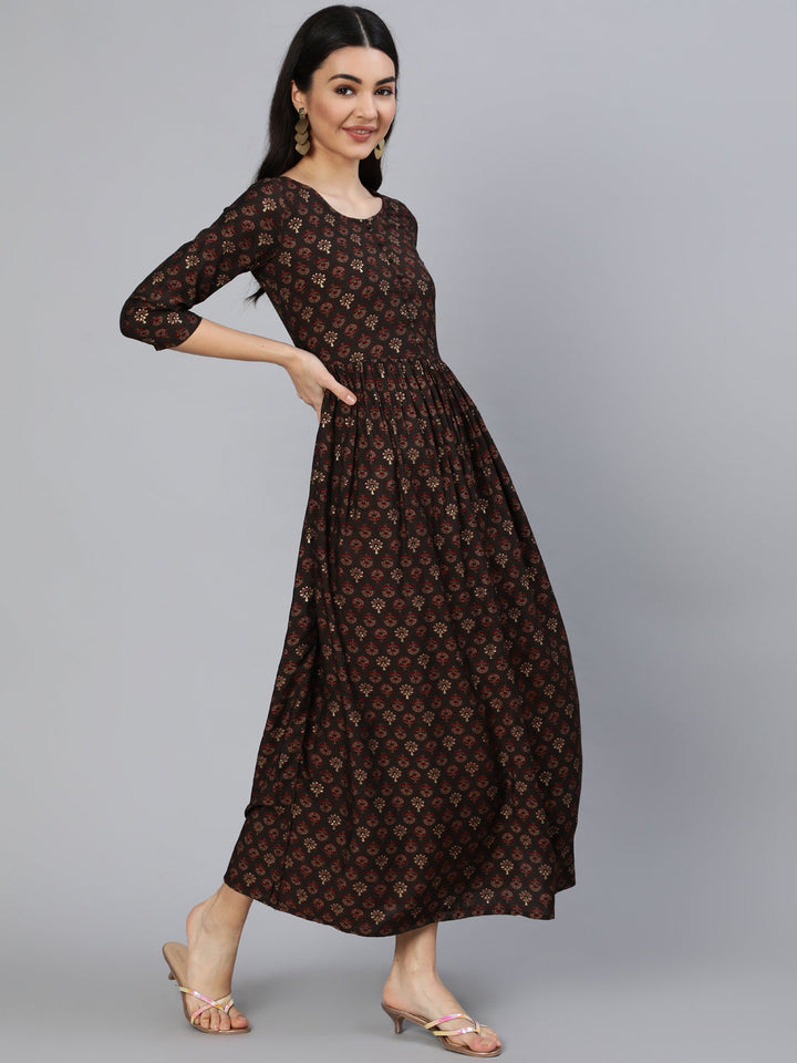 Womwn Taupe Ethnic Printed Maxi Dress With Three Quarter Sleeves