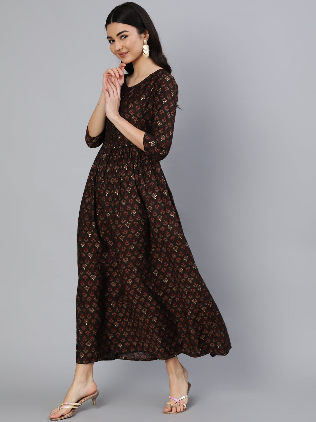 Womwn Taupe Ethnic Printed Maxi Dress With Three Quarter Sleeves