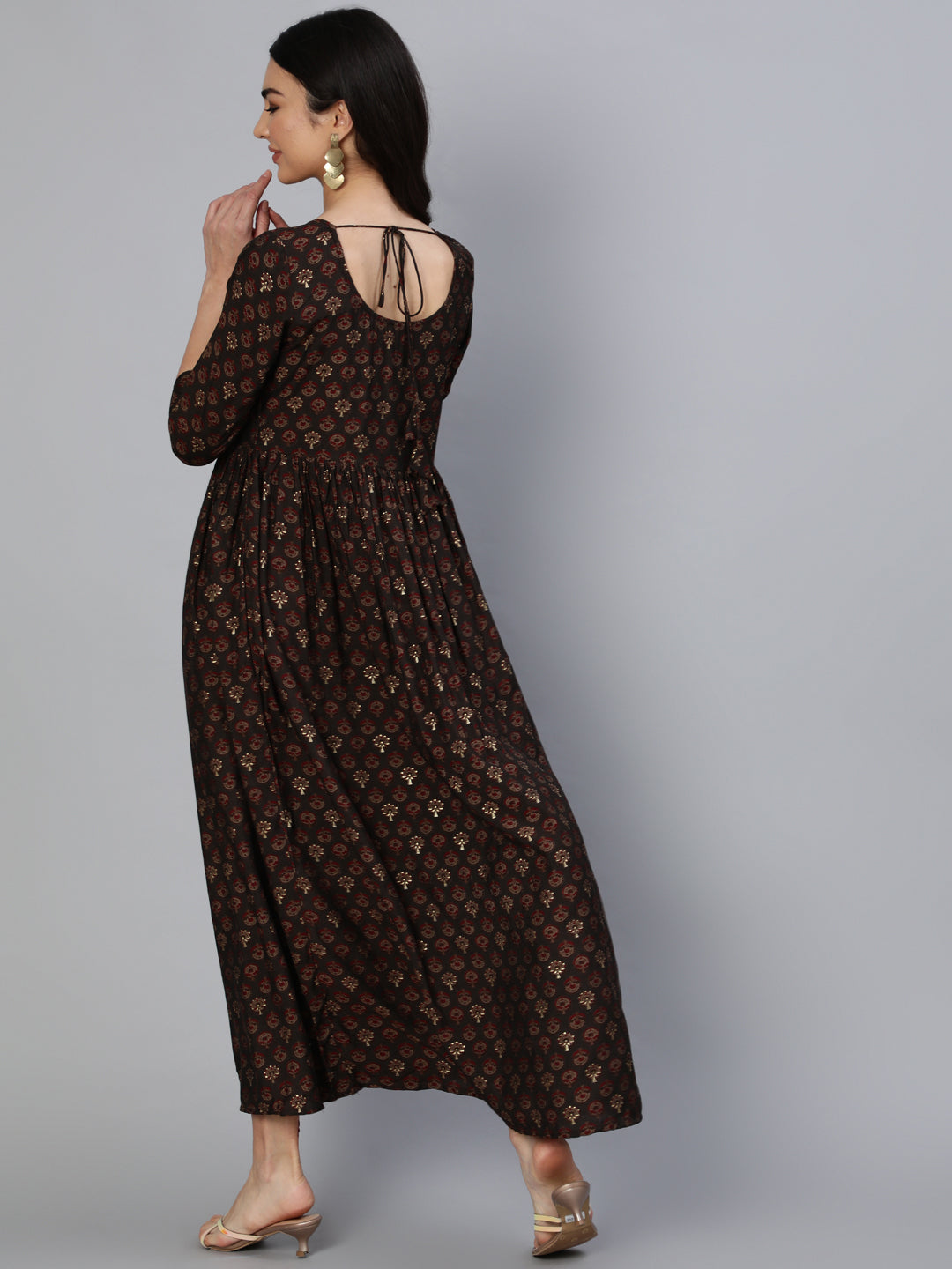 Womwn Taupe Ethnic Printed Maxi Dress With Three Quarter Sleeves