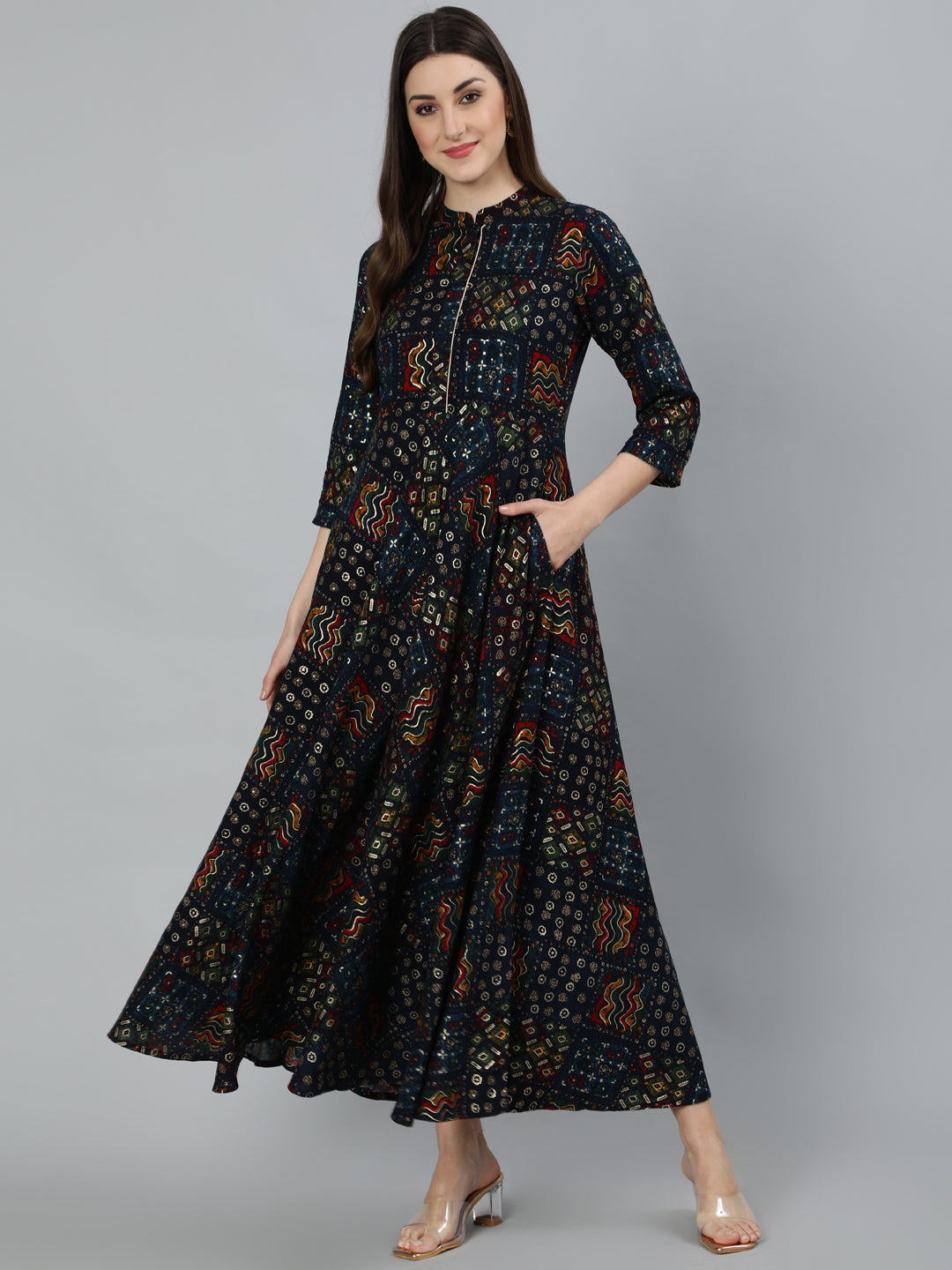 Navy Blue Ethnic Printed Maxi Dress With Three Quarter Sleeve