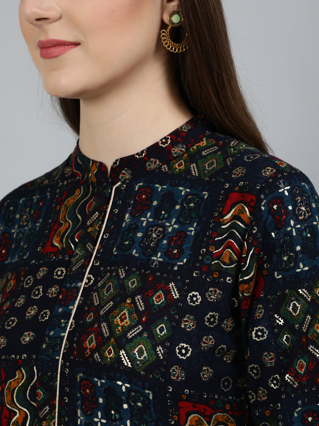 Navy Blue Ethnic Printed Maxi Dress With Three Quarter Sleeve